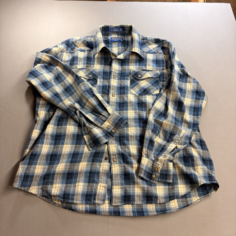 Pendleton Austin Shirt Mens XL Blue Plaid Merino Wool Pima Cotton Western Snap